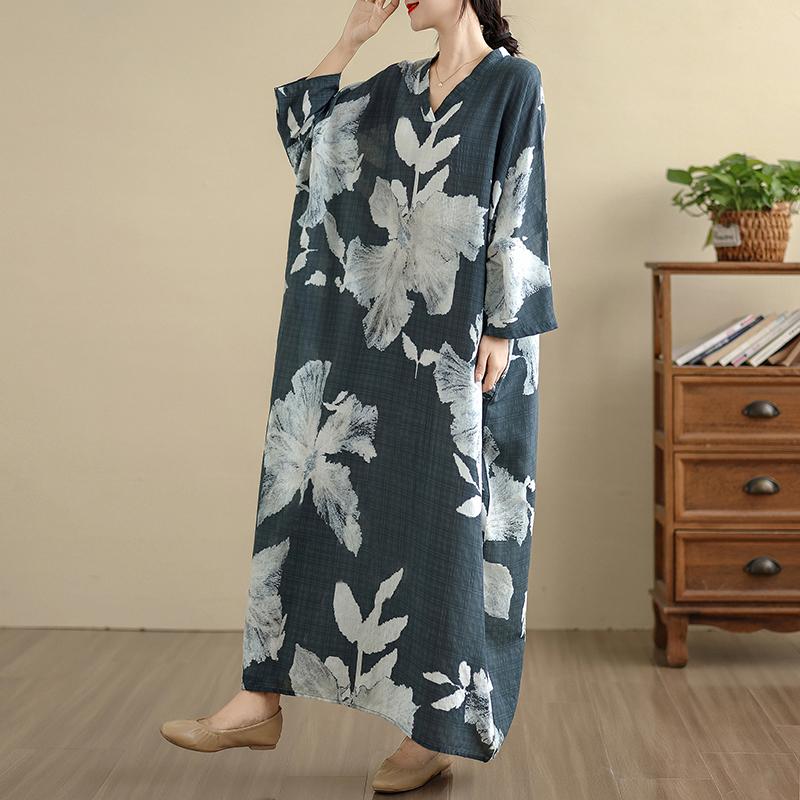 DIMANAF 2025 Women Plus Size Spring Long Dress Loose V-Neck Printing Vintage Casual Floral Oversize Long Sleeve 5060
