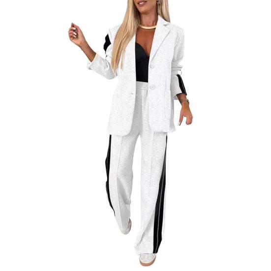 2 Pcs/Set Lady Formal Coat Pants Set Turn-down Collar Single-breasted Long Sleeves Jacket Loose Striped Wide Leg Trousers Casual Daily Wear Commuting