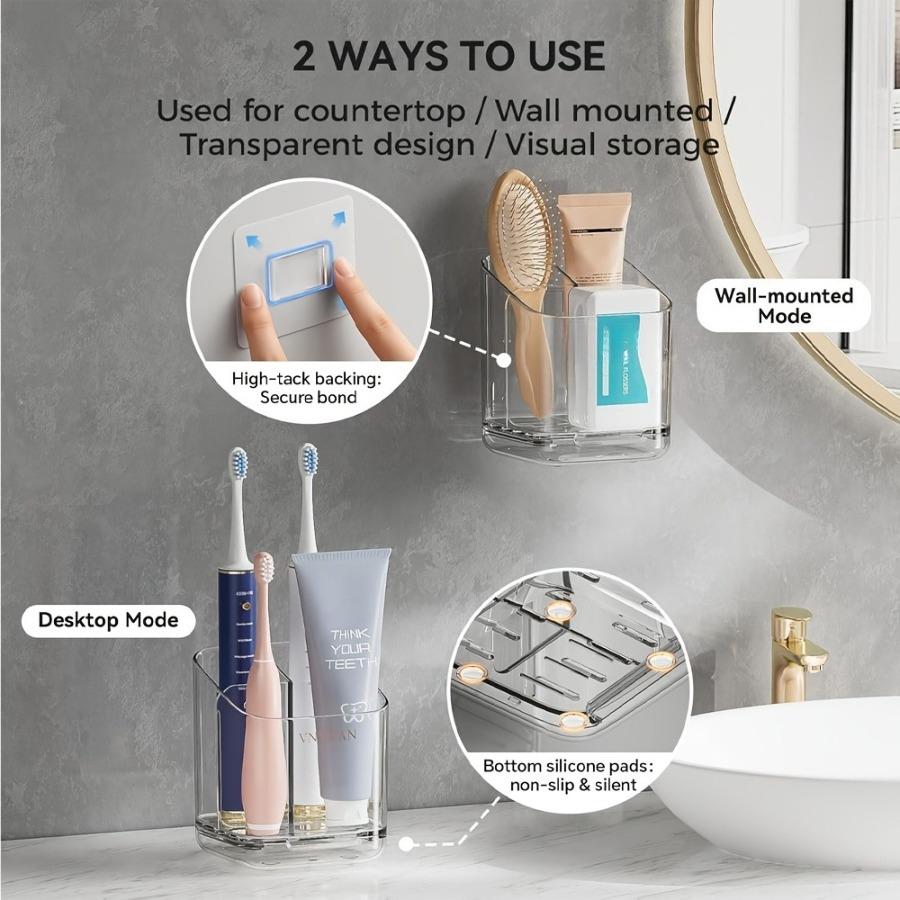 1pc Transparent Wall-Mounted Toothbrush Holder (with Divided Compartments & Drainage Design) Bathroom Space-Saving Storage Accessory
