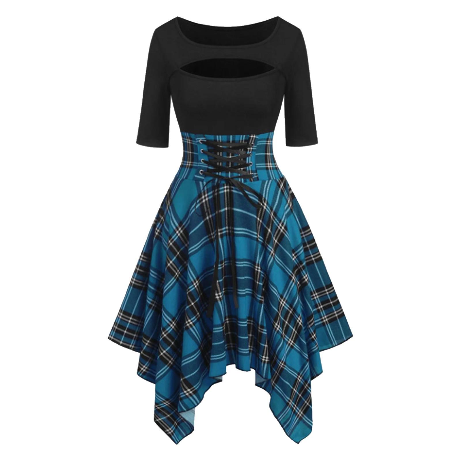 

Женское темпераментное платье в клетку с круглым вырезом и полым рукавом с принтом XXL