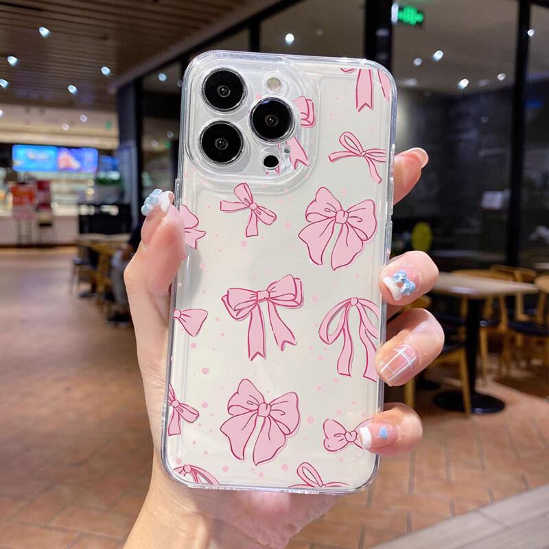 Cute Pink Heart Bow Case For iPhone 15 Pro Max 14 11 12 13 Mini XR XS 7 8 6 6S Plus SE Shockproof Soft Clear Phone Cases Coque