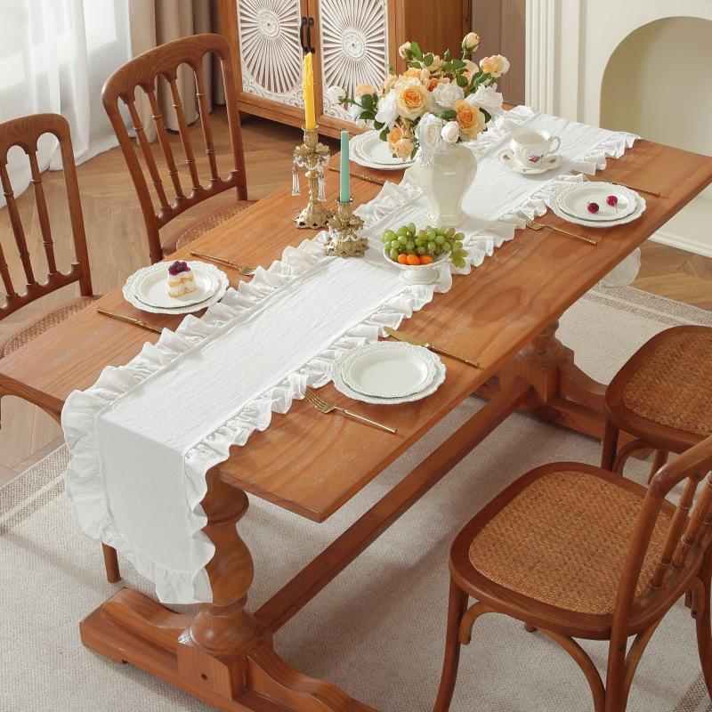 Solid Color Ruffled Rectangular Tablerunner Cute Simple Durable for Christmas Vacation Birthday Party Wedding Table Decoration