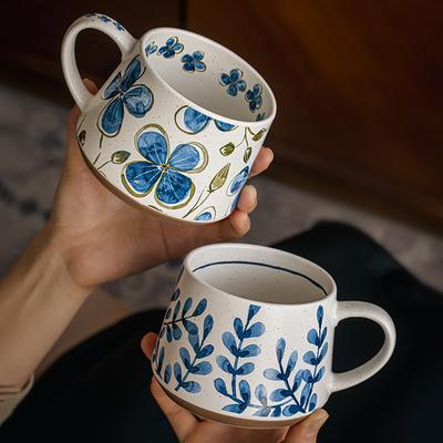 Creative Blue Floral Ceramic Coffee Cup Vintage Afternoon Tea Dessert Tea Cup Office Mug Large Capacity Ceramic Cup Decoration