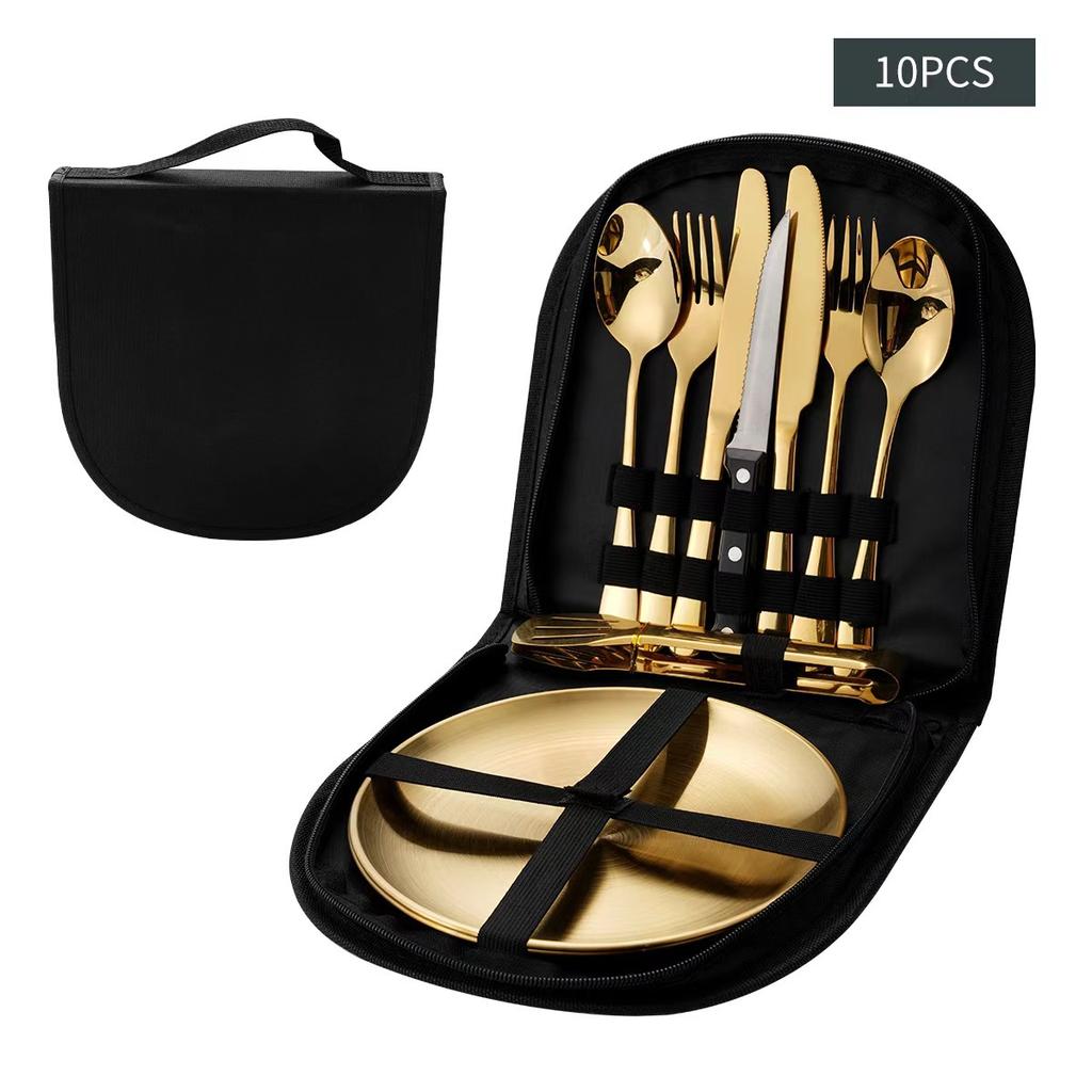 Camping Stainless Steel Set of 10 , Includes Plate, Steak Knife, Fork and Spoon
