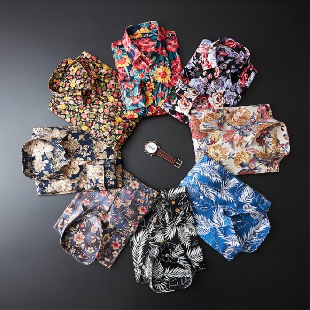 MARBEINE Long Sleeve Floral Print Aloha Casual Plus Sizes Soft Men's Button-Down Shirt, Spring, Summer, Autumn, Winter, Fashion, Available,