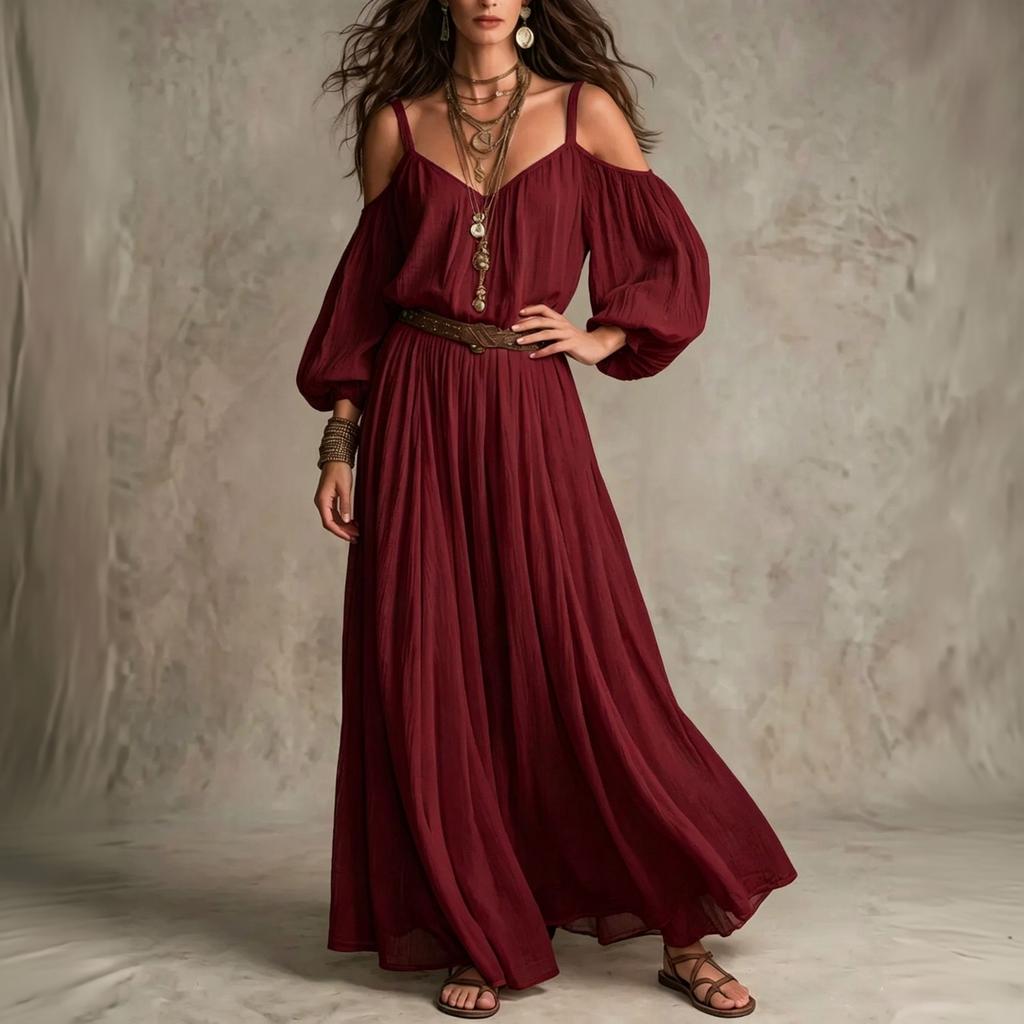 Γυναικείο Χρωματιστό Μακρύ Φόρεμα Off-Shoulder με Πτυχώσεις και Ριλάξ για Διακοπές