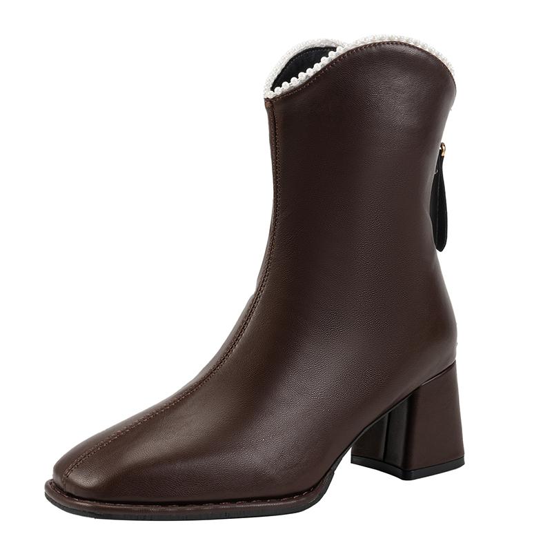 

Модные ботильоны с квадратным носком и блочным каблуком, зимние новые, с бисером, на задней молнии, противоскользящие, износостойкие, на высоком каблуке 40