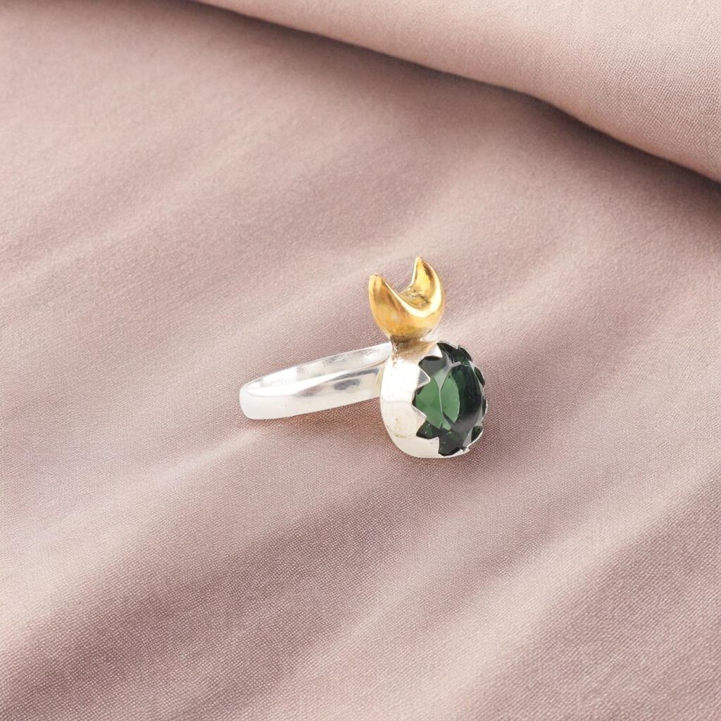 Green Tourmaline Gemstone 925 Sterling Silver Handmade Jewelry Round Shape Ring RR-58-10