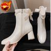 Black High Heels Footwear Mid Calf Elegant Heeled Shoes for Women Ladies Boots White Half Leather On Promotion Fashion 2025 Goth