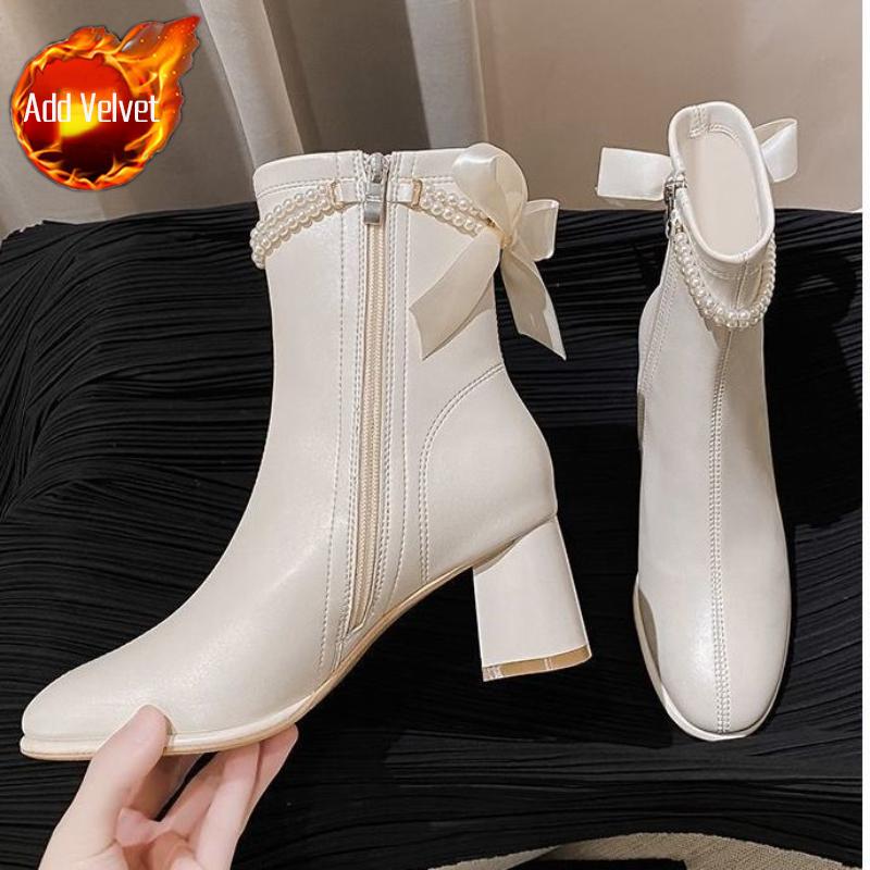 Black High Heels Footwear Mid Calf Elegant Heeled Shoes for Women Ladies Boots White Half Leather On Promotion Fashion 2025 Goth