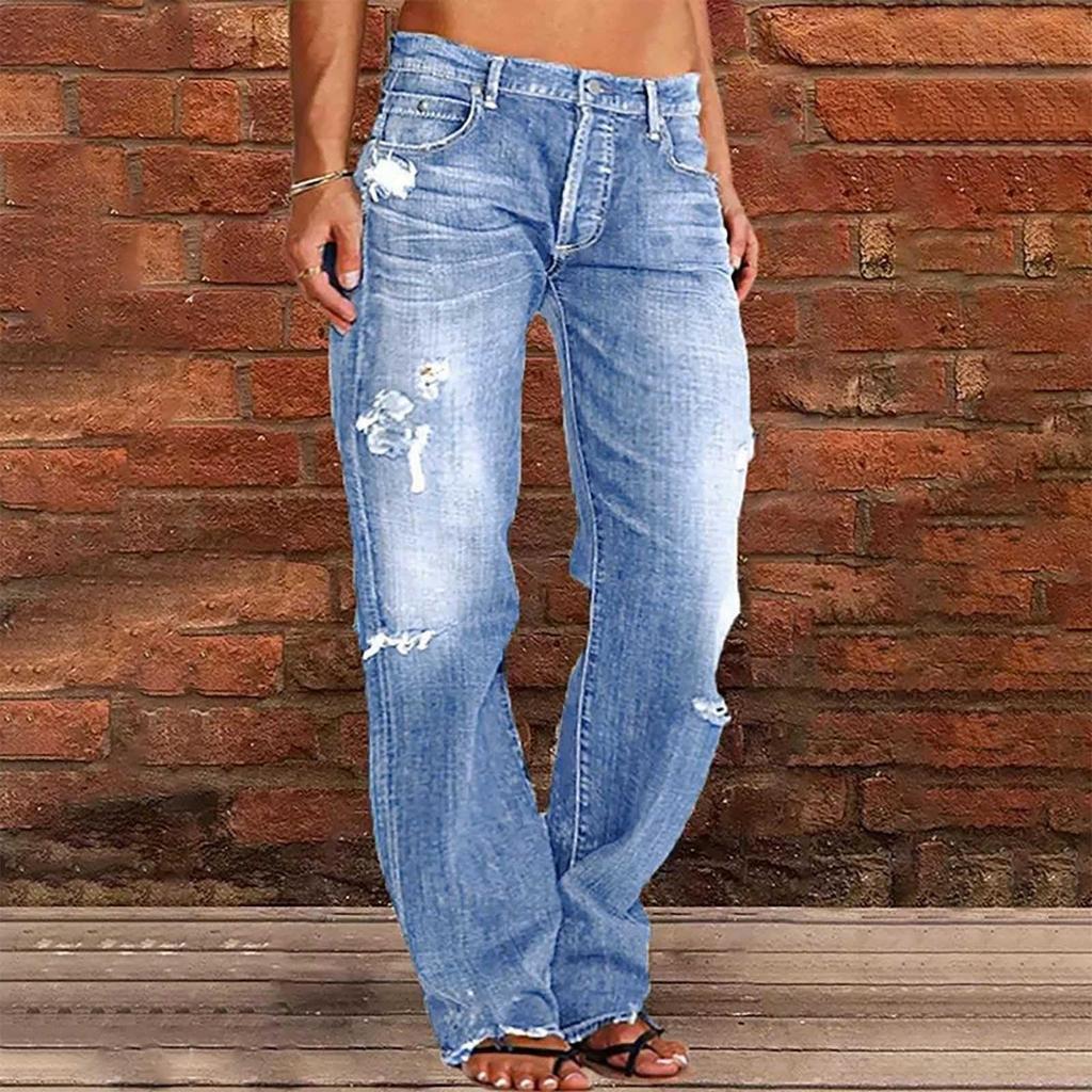Kadın Yüksek Bel Düz Bol Dantelli Esnek Hafif Moda Kot Pantolon