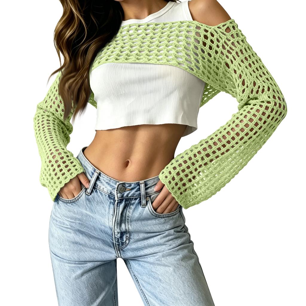 Women's Sunscreen Hollow Long Sleeve Backless Bikini Beach Dress Knit Sweater Cover-Up