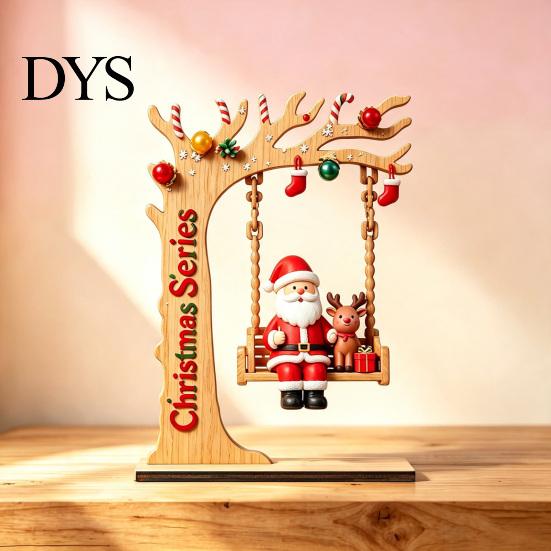 Artisanal Wood Christmas Decor Wooden Swing Ornament with Santa Claus/Bear for Christmas, Tabletop Rustic Home Accents Claus Figurine Living