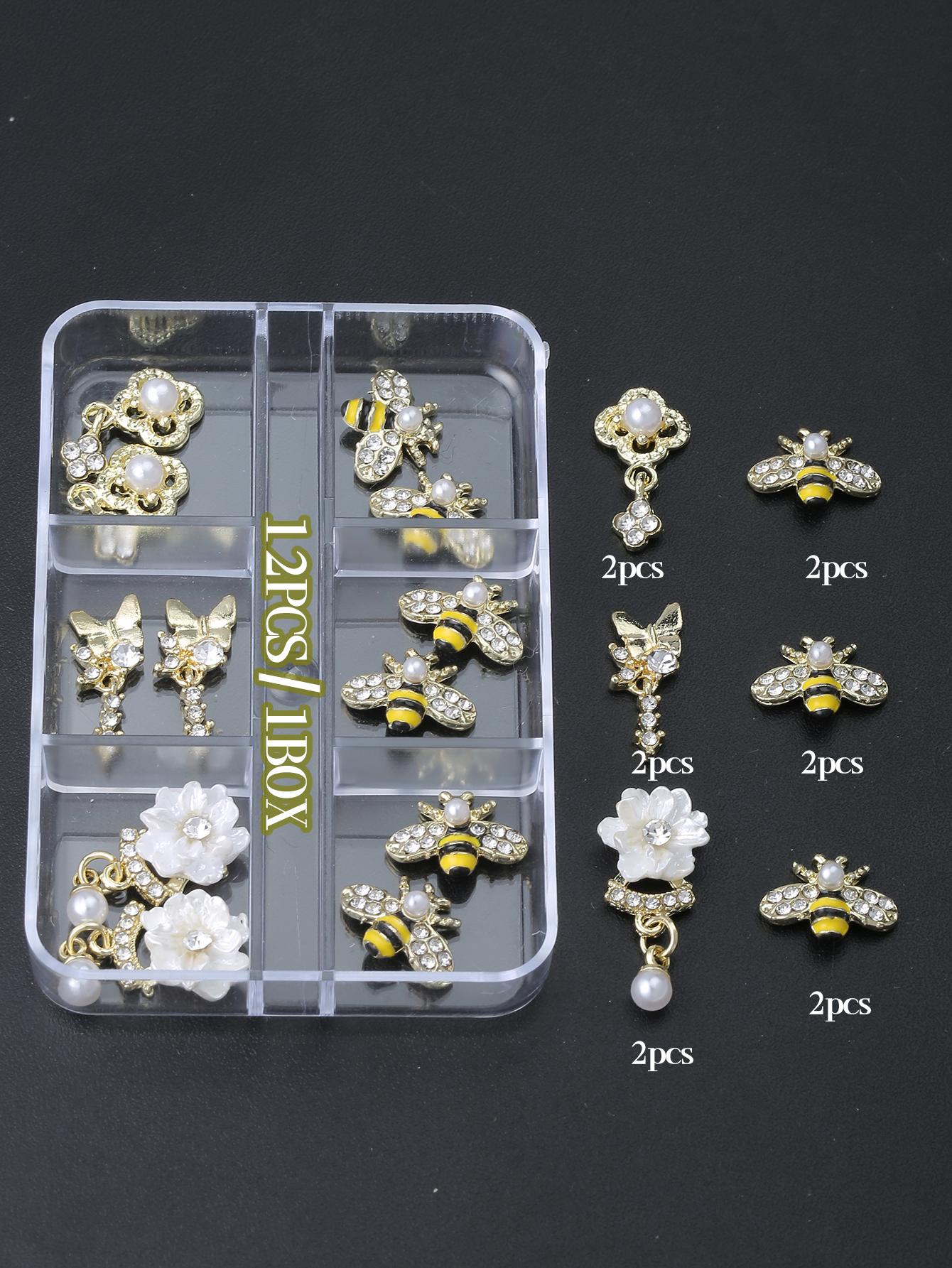 

Блестящие стразы Пчела Цветок Подвеска DIY Подвески для ногтей 1 коробка(12шт) Подвеска-бабочка из 3D сплава 2025 года в подарок для девочек