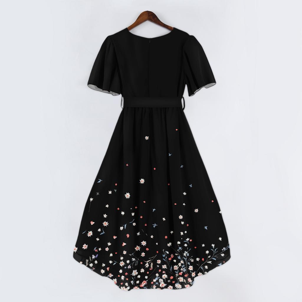 Damenmode Lässig V-Ausschnitt Kurzarm Rüschen Vintage Bedruckte Kleider