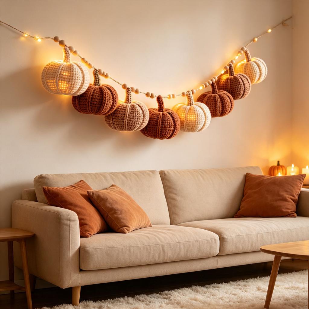 Knitted Pumpkin String Lights, 10ft 20 LED Fall Halloween Garland for Home Party Decor