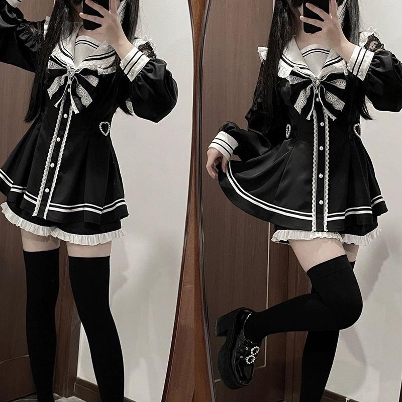 Women Vintage Sweet Long Sleeve Button Shirt Party Dresses Slim Mini Dress Japanese Style Gothic Y2k Lolita Bow Dress Shorts Set