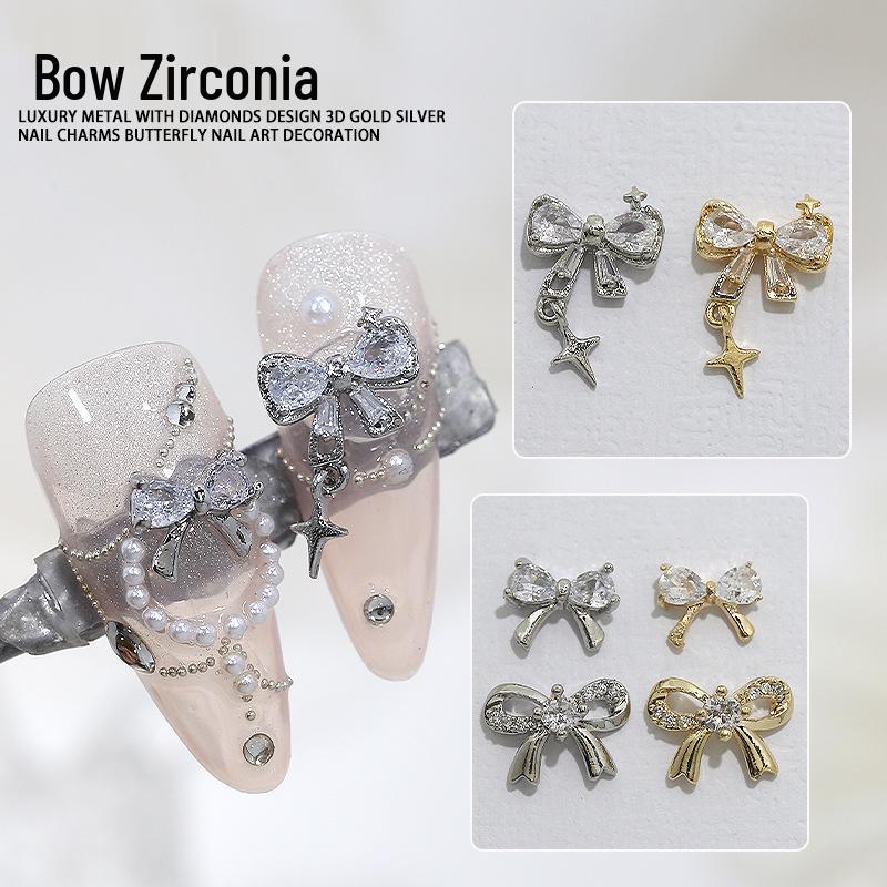 

Silver Zircon Starburst Bow Nail Art Pendant - Wearable Diamond Nail Decoration