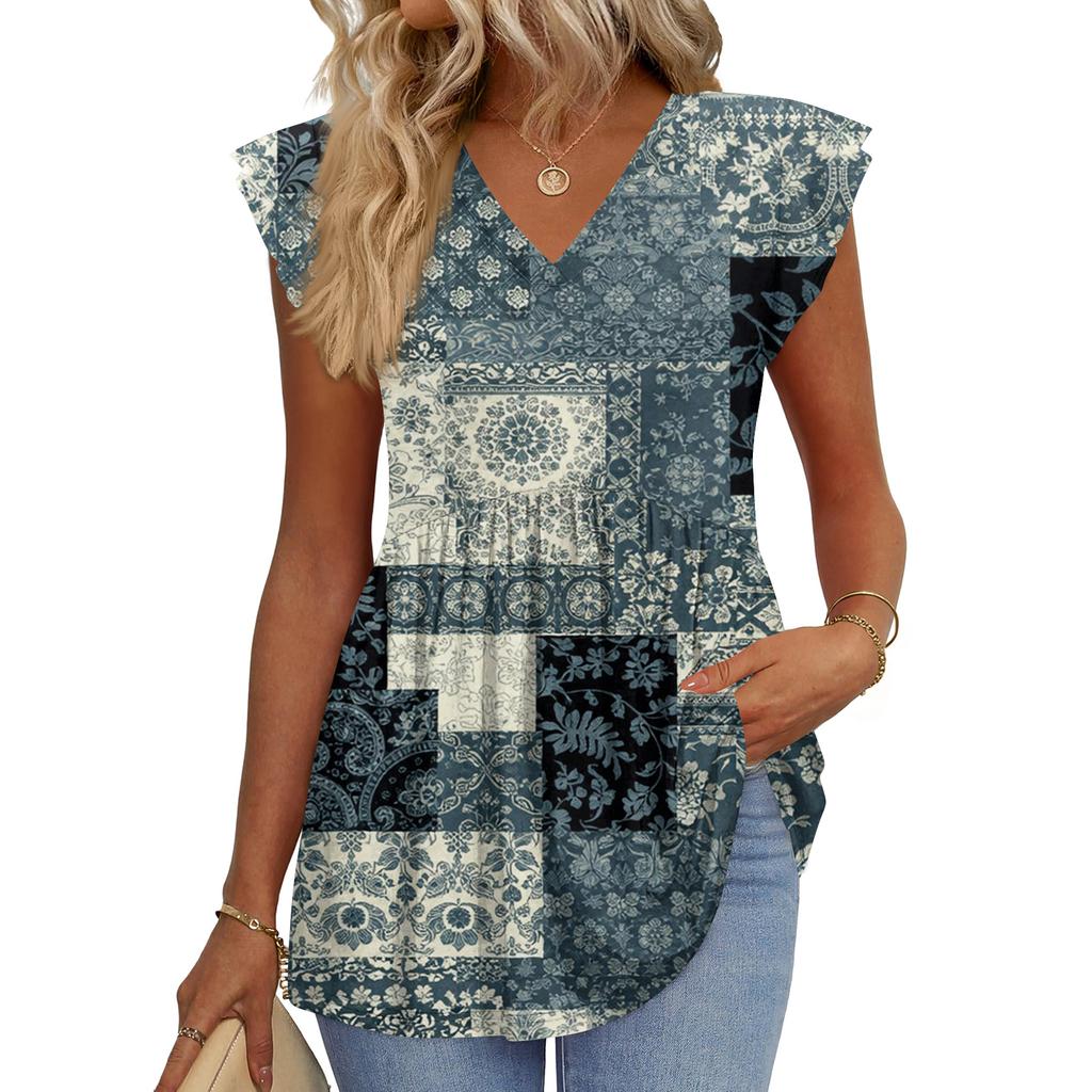 Womens Tops Fashionable V-neck Ruffled Sleeve Short-sleeved T-shirt Business Blouses