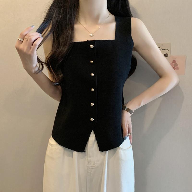 French Retro Solid Color Square Neck Single-Breasted Sleeveless Slim Knitted Vest For Women
