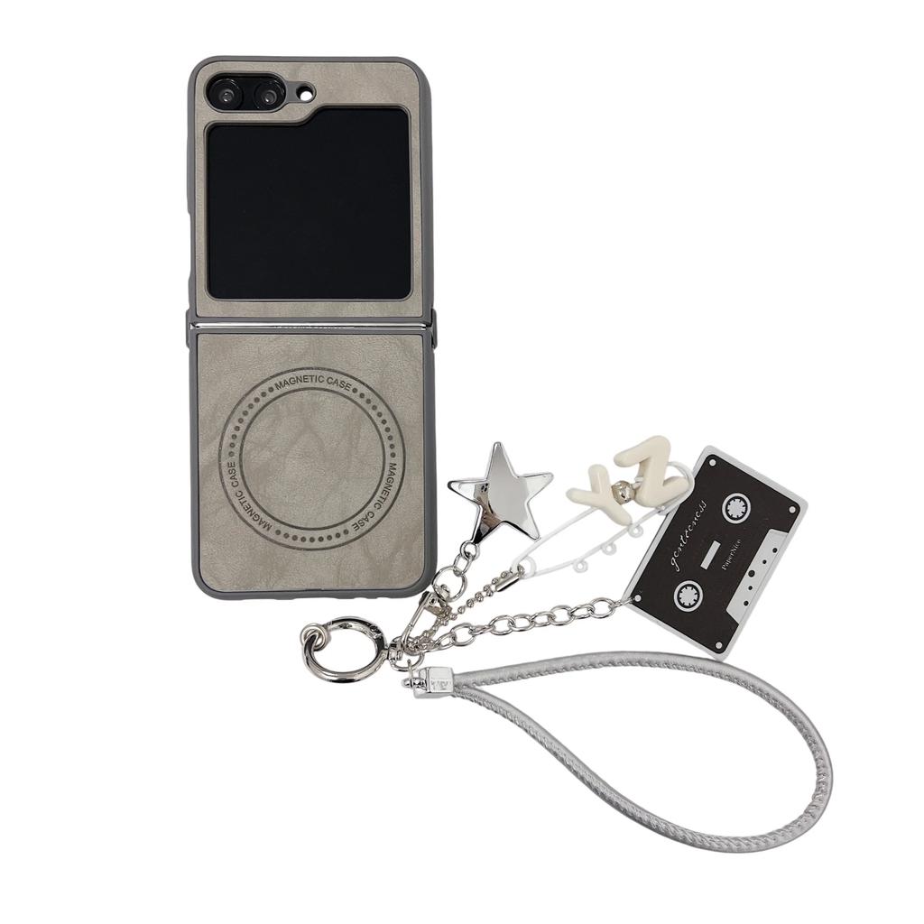 Cute Stars Magnetic Wireless Charging Wrist Strap PU Leather Phone Case for Samsung Galaxy Z Flip 6 5 4 3 Protective Cover