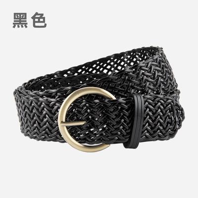 Women's Belt Leather Woven Belt, Retro Women's Round Buckle Decorative Non-punching Pin Buckle Belt