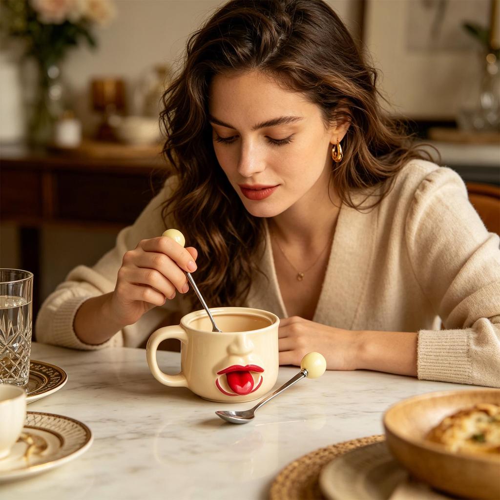 Funny Coffee Mug With Spoon Handle 255ml Drinkware Funny Face Ceramic Coffee Mugs For Women Men Birthday Holiday Housewarming