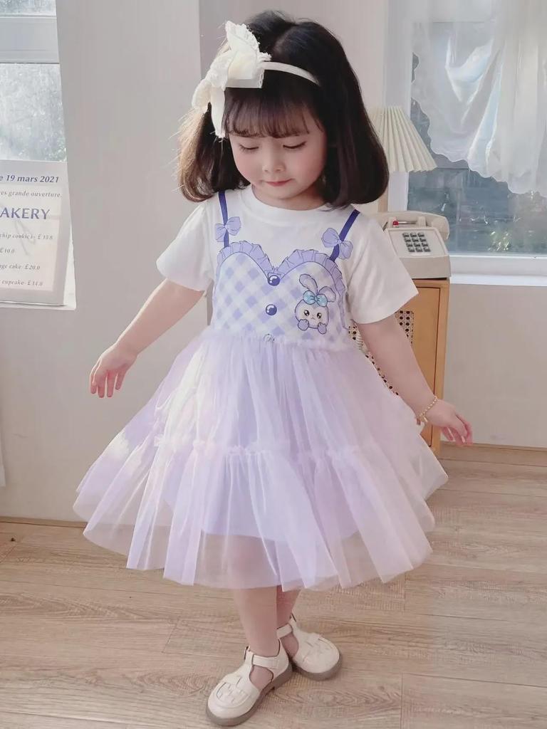 2023 Summer Girls' Cute Cotton Princess Dress with Mesh Cake Skirt