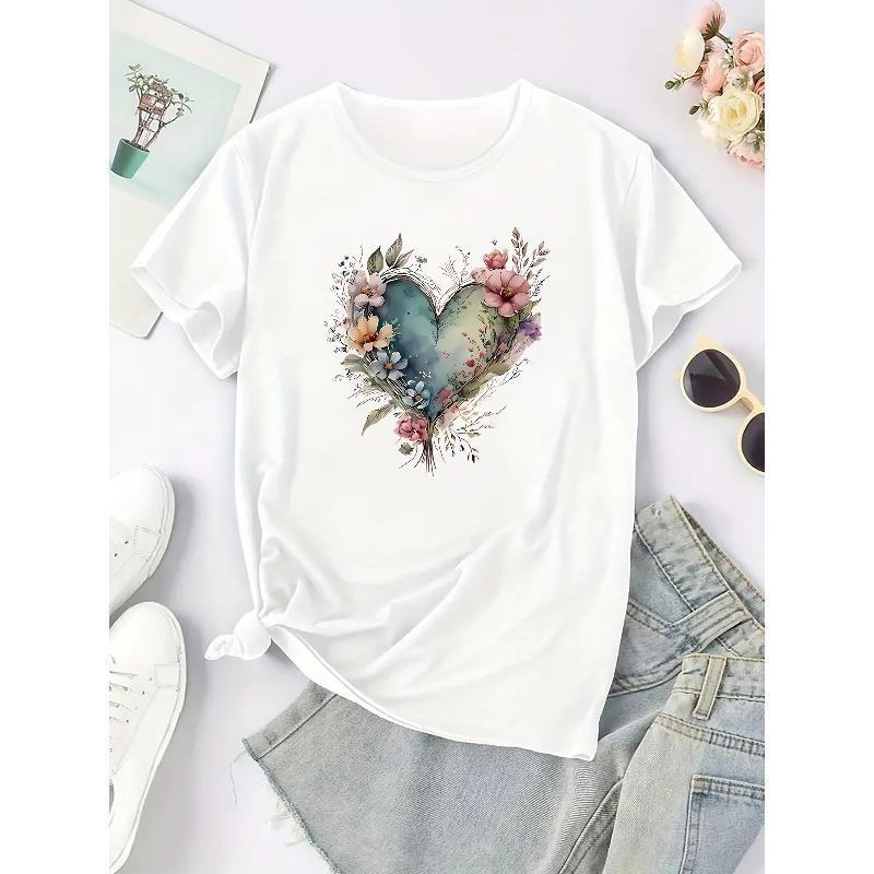 Floral Heart Graphic Women's Fashion Casual Sports T-Shirt Top, Short Sleeve, Round Neck, Leisure Style