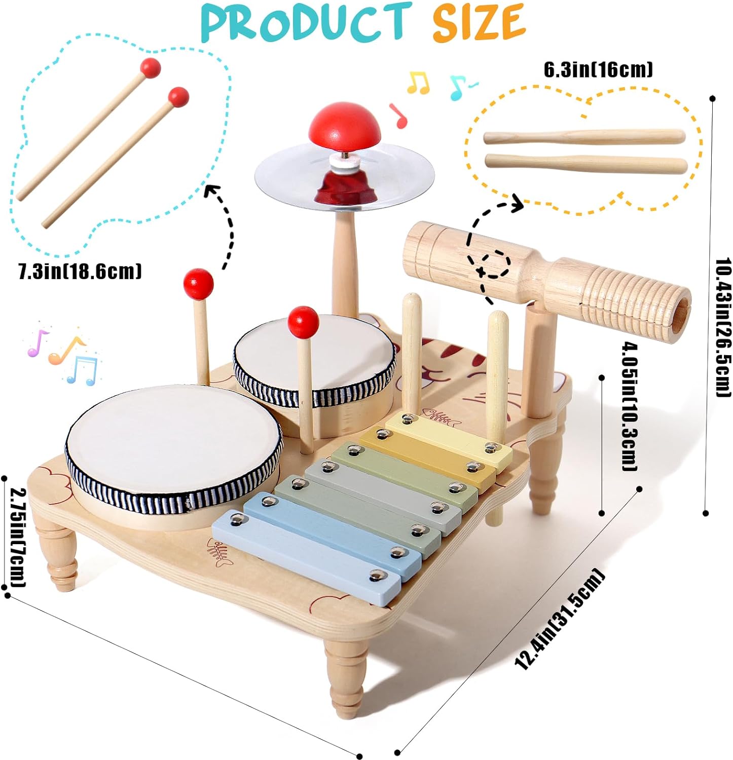 Koka ksilofona bungu komplekts mazuļiem, Montessori
