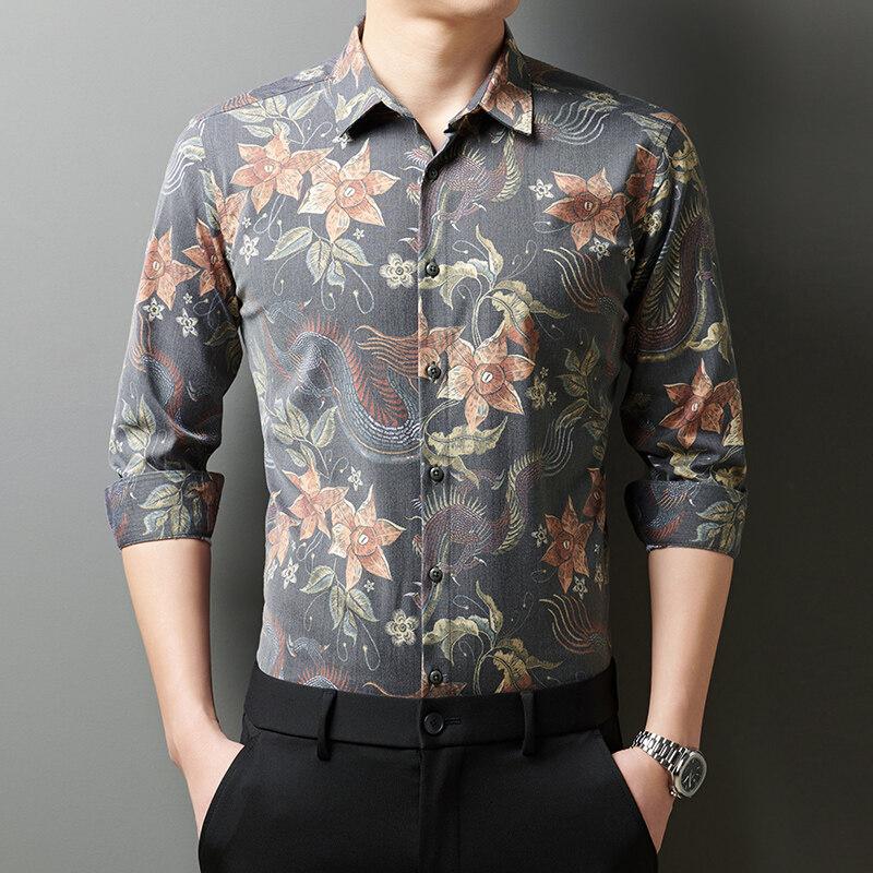 Spring Autumn Casual Shirts Men Fashion Turn-Down Collar Long Sleeve Printing Blouse Men's Casual Slim All-Match Button Trend Shirt