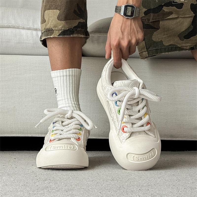 58093 White Deer Smiler Open Smile Canvas Shoes Inner Height Increase Thick Sole Round Head Black and White Big Head Shoes