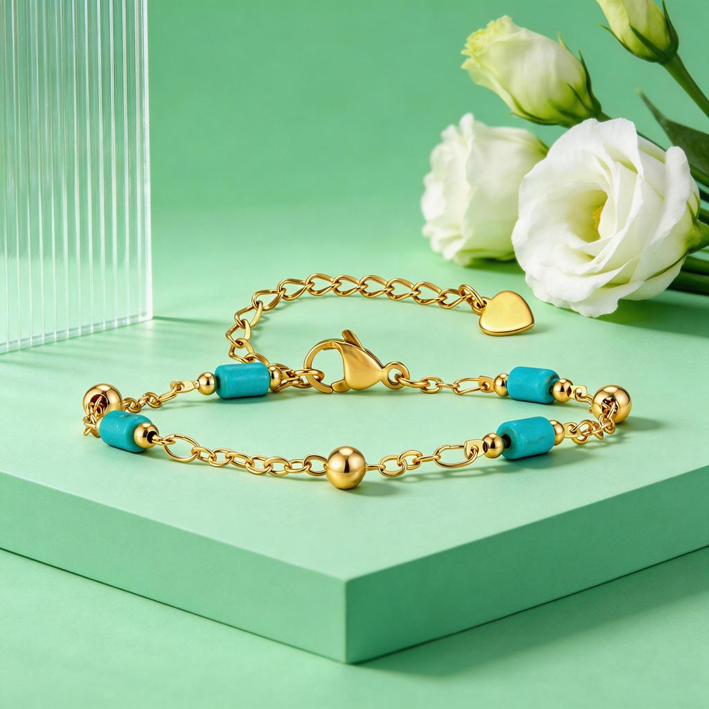 Hip Pop Turquoise Spacer Bead Necklace for Women Gold-Plated Beaded Chain Necklaces Fashion Choker Jewelry Gift