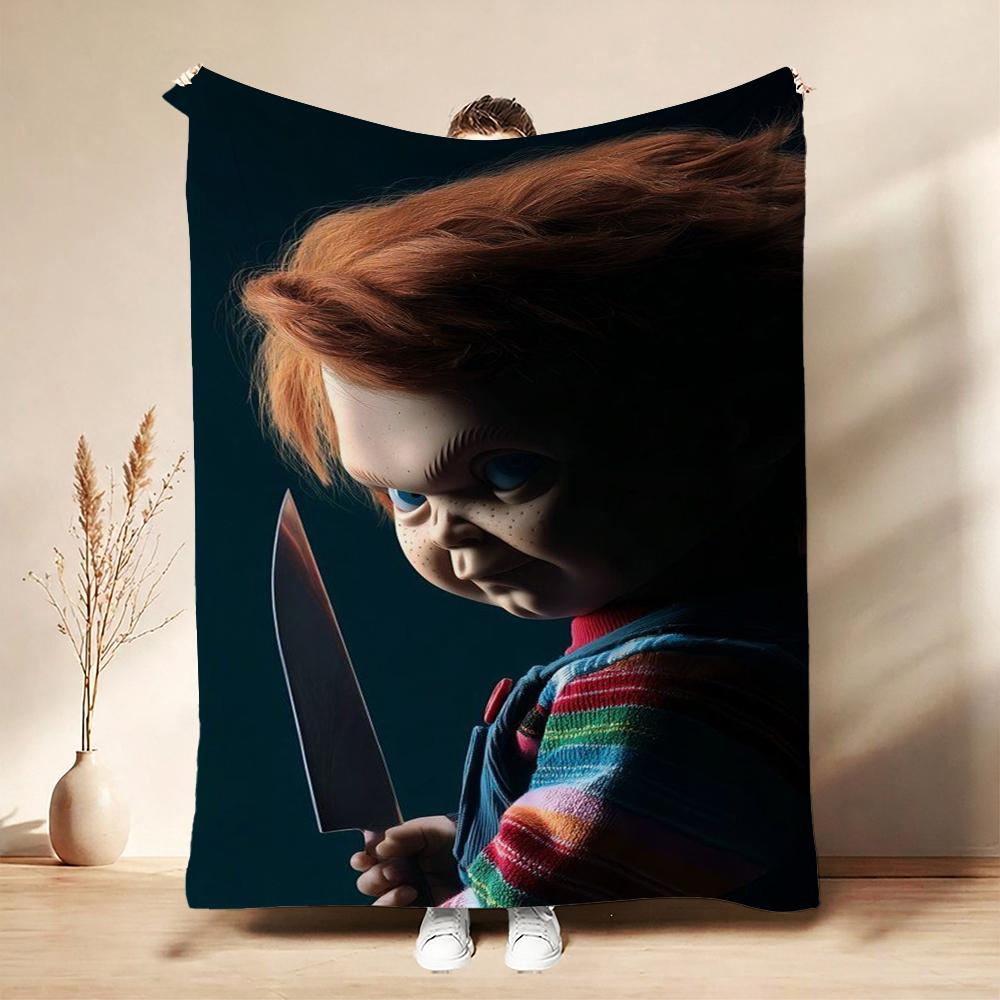 Good Guys Classic Horror Doll Pattern Theme Flannel Blanket Warm Comfortable Fleece Blanket For Office Sofa Party Decor Halloween Gift