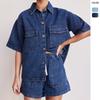 2025 Frühling/Sommer Damen Retro Lässiges Jeans Kurzarmhemd und Shorts Set