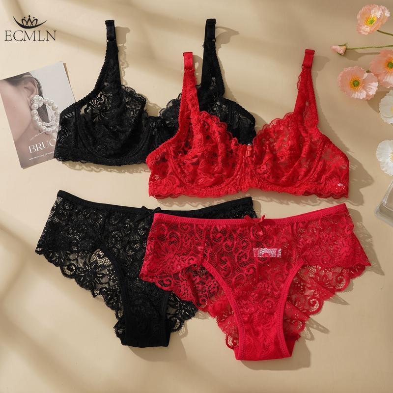 Sexy Lace Bra Suit Non-pad Women Ultra-thin Push-up Panty Set Delicate President for Girlfriend Cup B/C Plus Size 34-40 2PCS Set
