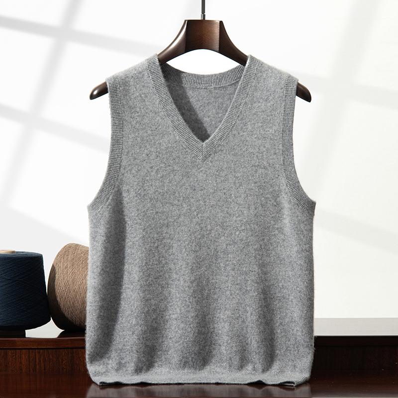 100% kasjmier heren mouwloos business casual effen kleur gebreide trui vest los Trek V-hals Tops T-shirts basic Jumper