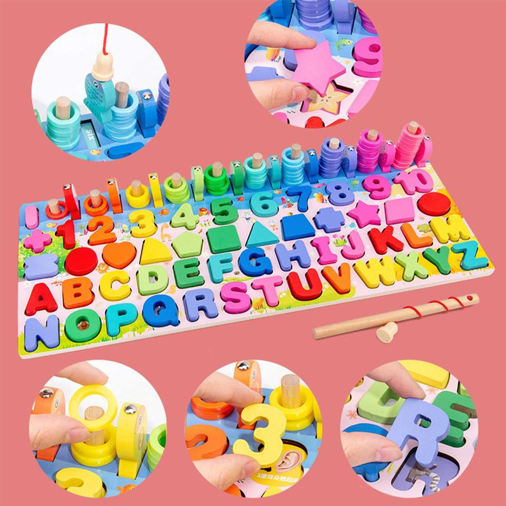 Wooden Number Puzzle Shape Sorter Counting & Matching Game Magnetic Fishing Game Logarithmic Board Montessori Toy for