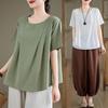 Retro Cotton Linen Short Sleeve Round Neck Top - Summer Solid Color Linen T-shirt