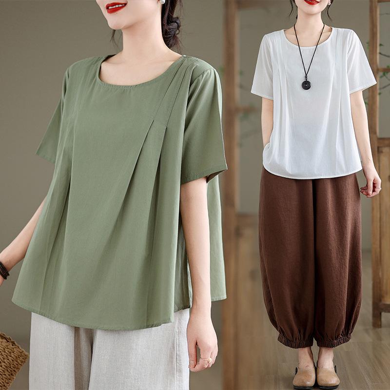 Retro Cotton Linen Short Sleeve Round Neck Top - Summer Solid Color Linen T-shirt