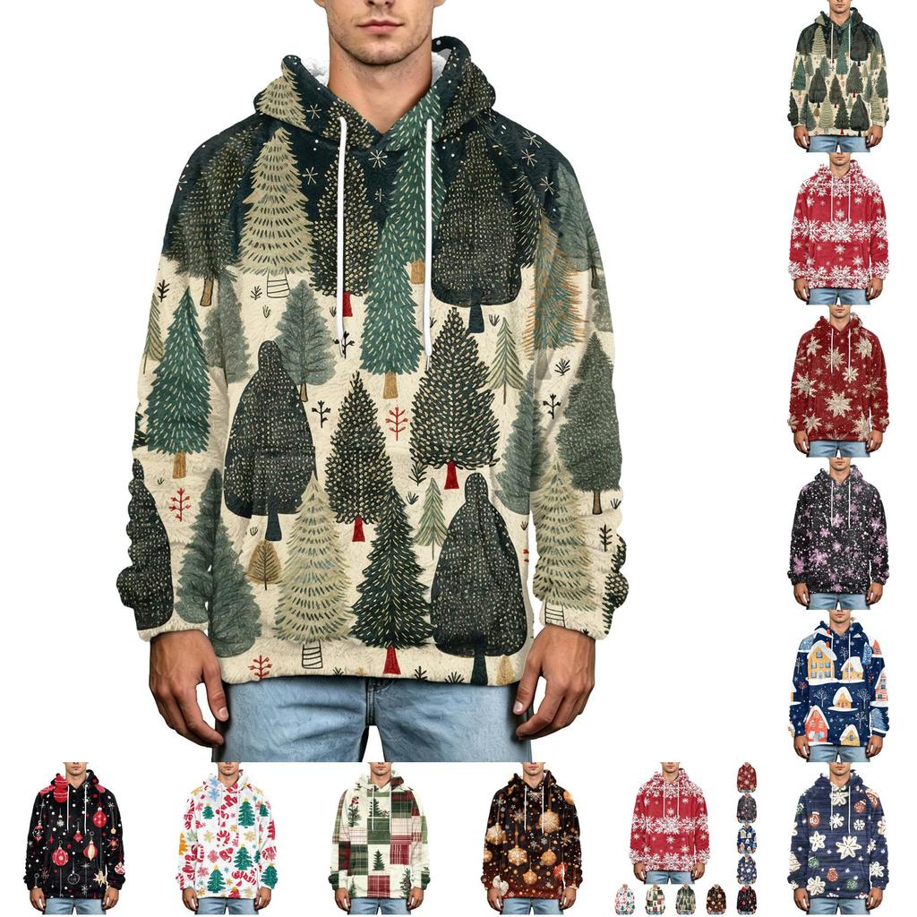 Men's Christmas Print Flannel Hoodie Plus Size Casual Hooded Sweatshirt for Fall and Winter