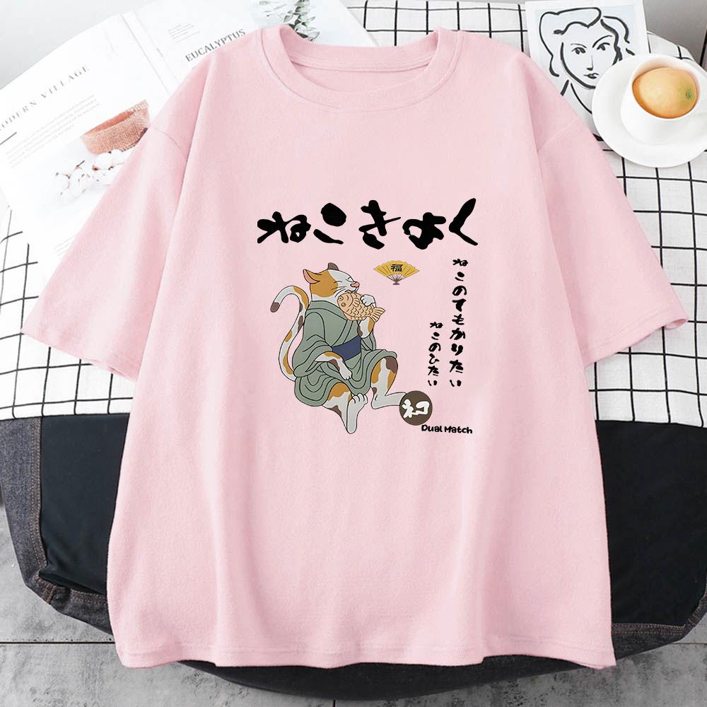 Japanese Kanji Cat Tshirt for Women Fashion Print Animals Summer Short Sleeve Female Kawaii T Shirt Cute Young Girl Clothes Y2k