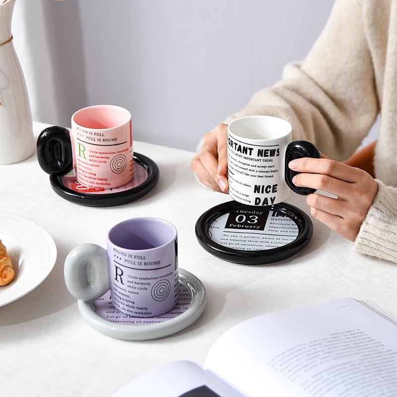 Retro Newspaper European Creative Coffee Cup Saucer Ceramic Afternoon Tea Cup Commercial Milk Cup High End Feeling Small Luxury