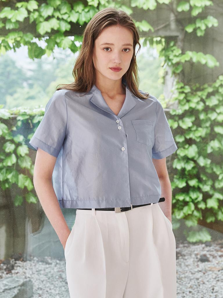 NOUVE Notched Collar Crop Blouse - Sky Blue