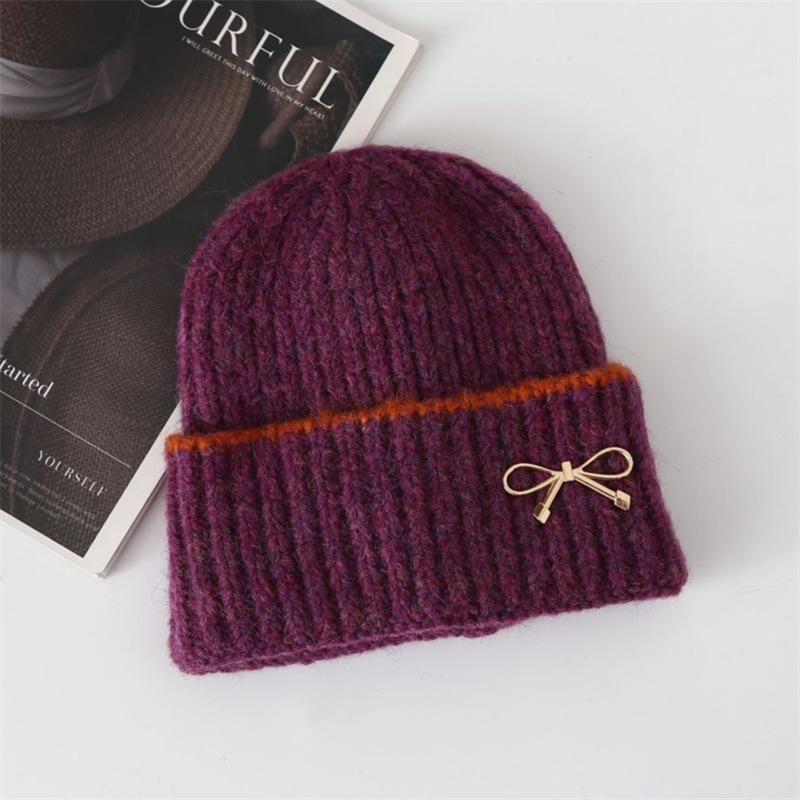 New autumn and winter women's bow knitted hat big head circumference thickened warm ear protector wool hat shows small face cold hat