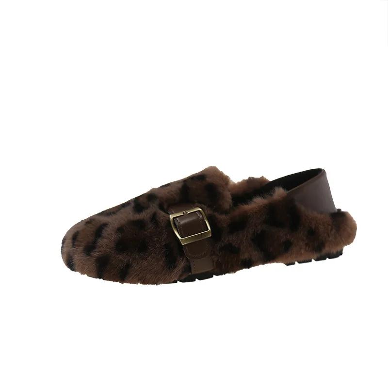 Pantofi Plați de Damă la Modă Iarnă Nou Cap Rotund Gură Adâncă Leopard Talpă Moale Antiderapanți Rezistenți la Uzură Pantofi de Pluș Tenis