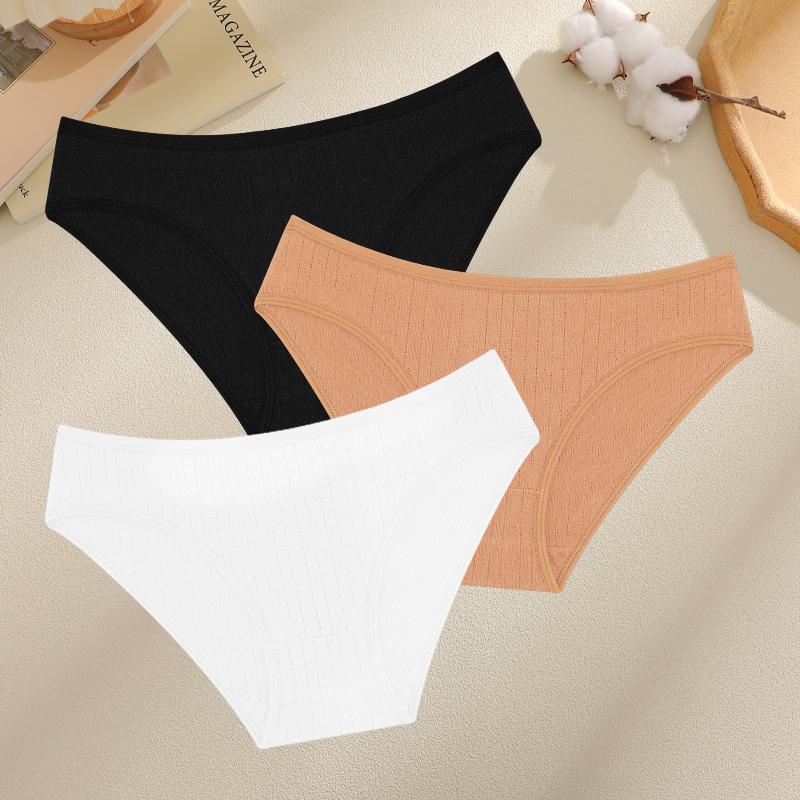 FINETOO 3PCS Women Seamless Cotton Panties Ribbed Low Rise Jacquard Underwear Elastic Comfortable Female Briefs Breathable Sexy Lingerie