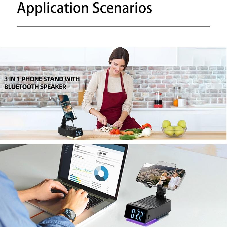 Alarm Clock Bluetooth Speaker Tablet Mobile Phone Stand Rotation Lifted Folding Portable Charging Bank LED Colorful Lights U Disk Player