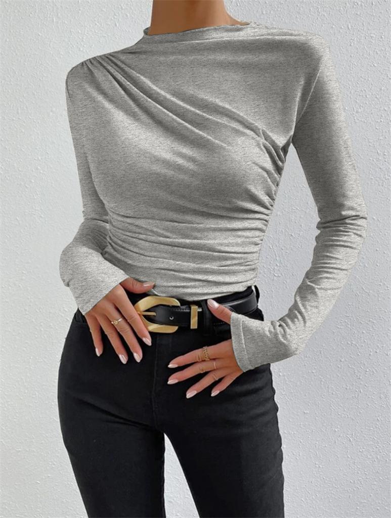 Dames Mock Neck Lange Mouwen Gerimpeld Slim Fit Effen Polyester Gebreid Basic T-shirt Casual Herfst Laagjes Top XS-XXL