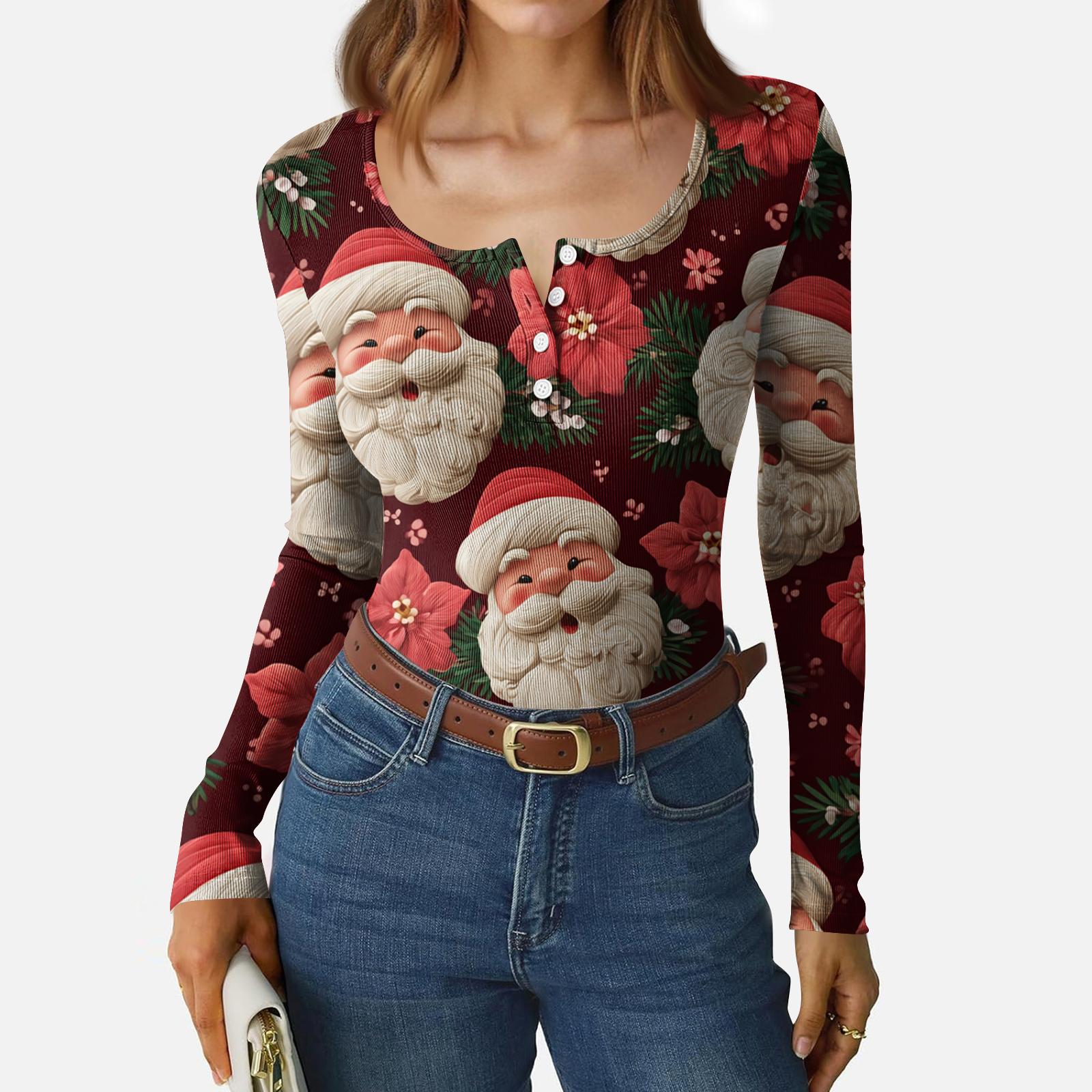 

Women s Casual Fashion Christmas Print Button Long Sleeve Top XL